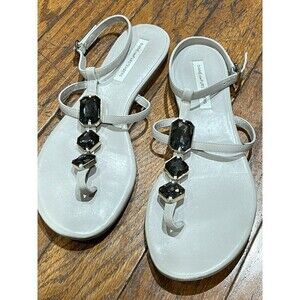 DIANE VON FURSTENBERG GREY JEWEL STONE THONG ANKLE STRAP SANDALS